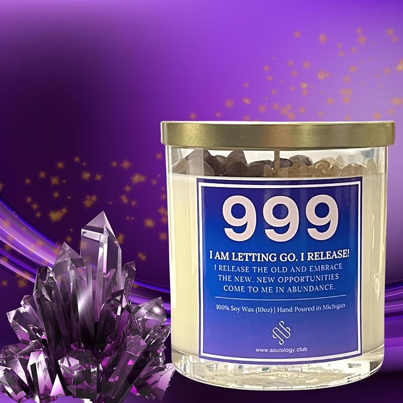 999 Angel Number Candle, 10oz, Crystal candle, 100% Soy Wax & Phthalate-Free Fragrance candles, Gifts candles for women, Angel Number Gift, Healing Candle