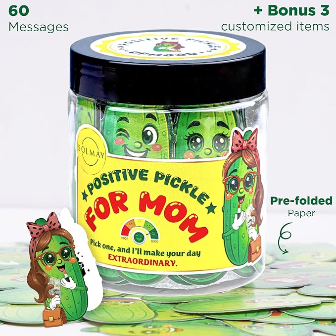 Motivational Pickle Jar for Mom – 60 Affirmations & Positive Quotes | Funny Gift Idea for Mothers, Adults, College Girls | Self Care, Positive Cards, Just Because Gift, Cute Desk Decor