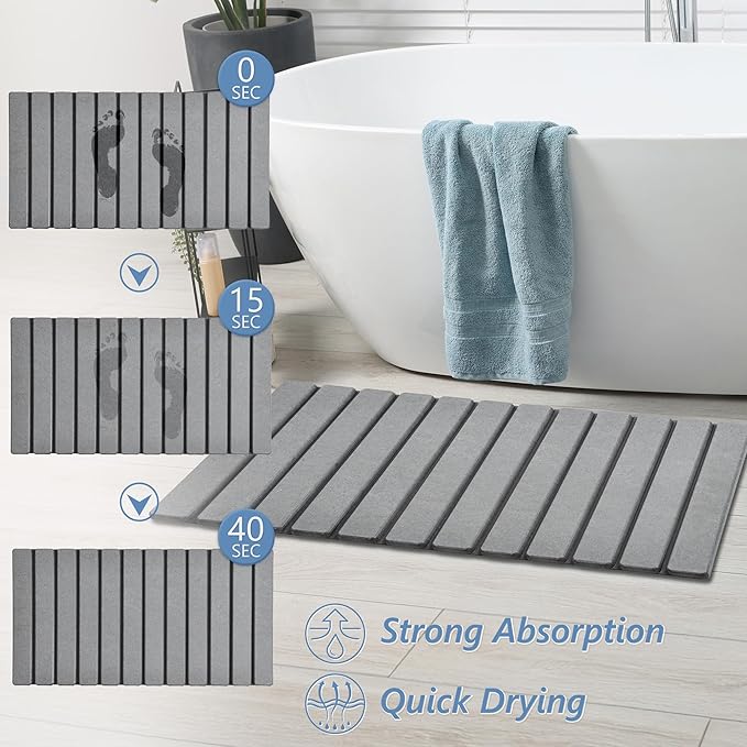 AWW Foldable Stone Bath Mat, Super Absorbent Diatomaceous Earth Mats, Non-Slip 31.5 x 15.7 Inch Quick Drying Mat, Compact and Easy to Store Bath Mats for Bathroom, Easy to Clean, Grey