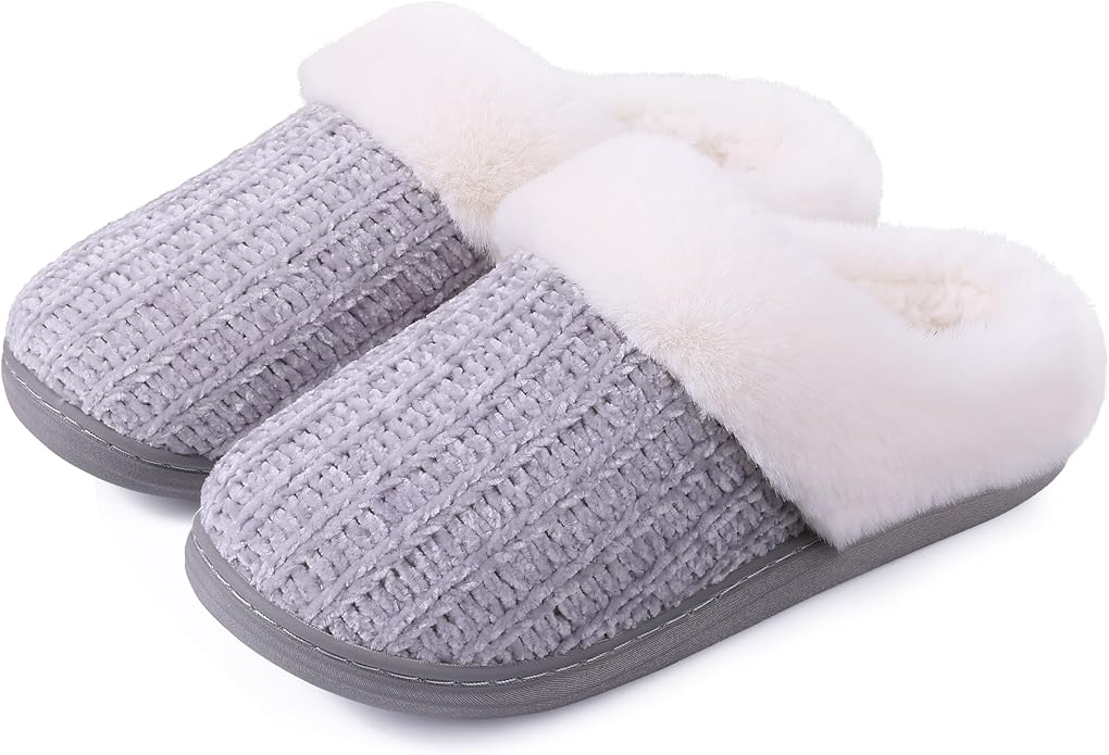 Evshine Warm Knit House Slippers for Women Comfy Wool-Like Lined Chenille Slippers with Memory Foam and Indoor Outdoor Soles