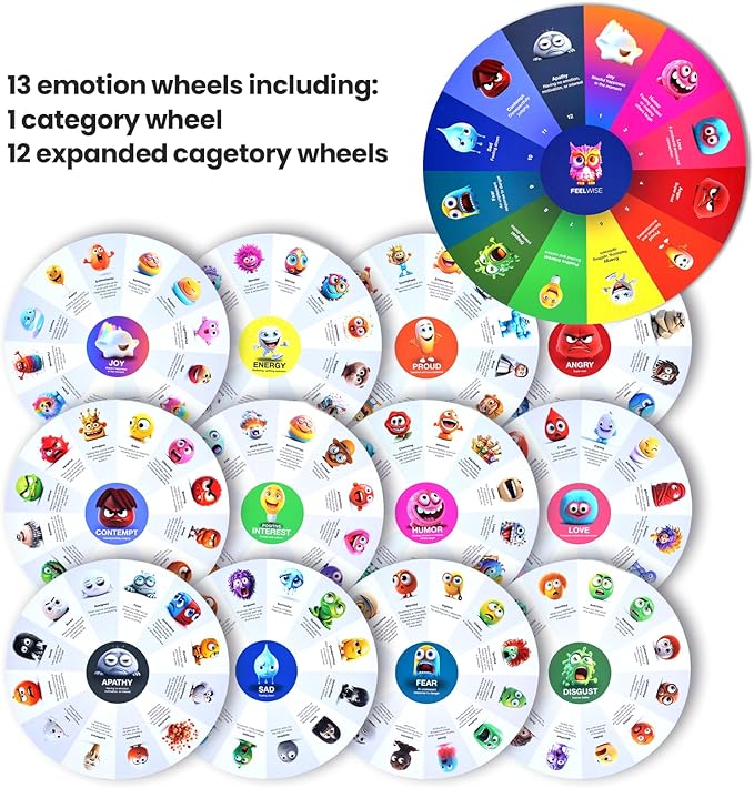 FeelWise Super EQ Kit - For Building Emotional Intelligence - Thirteen 12" Round 2-sided Emotion Wheels w/ Storage Envelope & Instructions - Emotion Learning Games for Kids, Parents, Professionals, Teachers, School Counselor - Screen-Free Activities