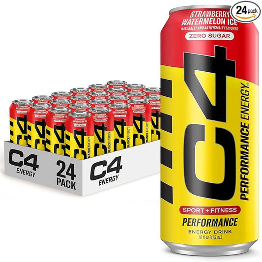 C4 Energy Drink 16oz (Pack of 24) - Strawberry Watermelon Ice - Sugar Free Pre Workout Performance Drink with No Artificial Colors or Dyes