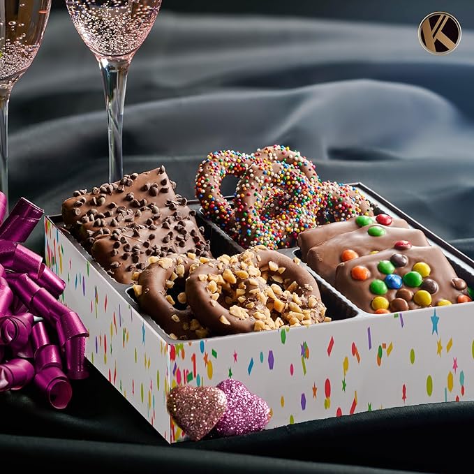 KREMERY Creamy Chocolate Cravings - Diwali Sweets Hamper Chocolate Covered Pretzel Twists & Grahams Cookies Gift Basket, in Brown Gift Box (12 Count, Assorted Sweet Toppings)