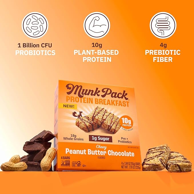 Munk Pack Probiotic Protein Breakfast Bars - 10g Plant Protein, 1g Sugar, 6g Fiber – For Adults & Kids, Low Sugar Snack, Gluten-Free, Diabetic-Friendly, Non-GMO, Peanut Butter - 12 Pack