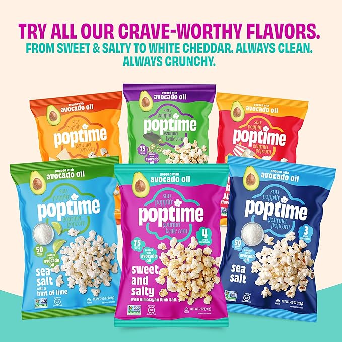 Poptime Kettle Cooked Popcorn Snack Bags – Sweet & Salty Kettle Corn Popcorn Bags, Healthy Snack With Avocado Oil & Himalayan Pink Salt, Gluten Free, Vegan, Low Calorie, Non-GMO - 7 oz - Pack 12