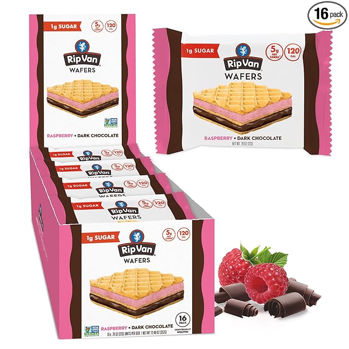 Rip Van Raspberry & Dark Chocolate Wafer Cookies - Healthy Snacks - Non GMO Keto Cookies - Keto Snacks - Low Carb, Low Sugar (1g), Low Calorie and Vegan Snack - 16 Count