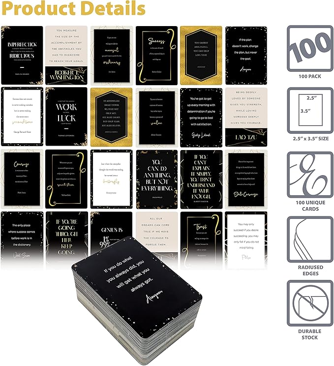Better Office Products 100 Encouragement Quote Cards, Famous Inspirational Quotes, All Unique Designs, Elegant Black & Gold Motif, Motivational Card Deck, 2.5" x 3.5" (Playing Card Size)