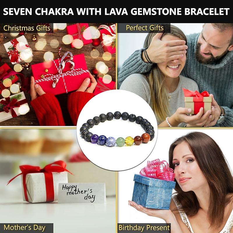 Lava Rock 7 Chakra Bracelet, Natural Healing Crystal Bracelet for Women and Men, 8mm Round Beaded Bracelet for Spiritual, Protection, Positive Energy, Elastic Adjustable Size Gemstone Bead Bracelet