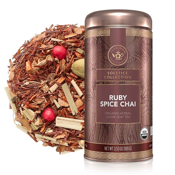 Teabloom Organic Herbal Tea, Ruby Spice Chai Loose Leaf Tea, Spicy and Rich Rooibos Chai with No Caffeine, USDA and EU Certified Organic, Fresh Whole Leaf Blend in Reusable Gift Canister, 3 oz/85 g Canister Makes 35-50 Cups