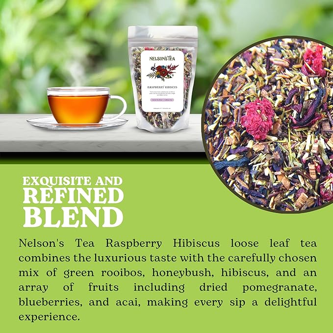 Nelson's Tea Raspberry Hibiscus Tea - Caffeine Free, Cut & Sifted Green Rooibos, Honeybush, Dried Raspberries, Acai, and Pomegranate Loose Leaf (2 oz)