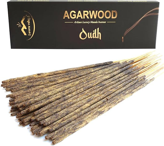 Oud Agarwood Incense Sticks - Artisan Luxury Masala Incense - Handcrafted Long-Burning (75 Minutes) Extra-Thick Sticks - Exotic Divine Scent for Home & Meditation - Oudh