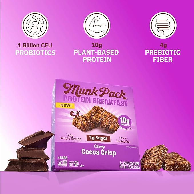 Munk Pack Probiotic Protein Breakfast Bars - 10g Plant Protein, 1g Sugar, 6g Fiber – For Adults & Kids, Low Sugar Snack, Gluten-Free, Diabetic-Friendly, Non-GMO, Cocoa Crisp - 12 Pack