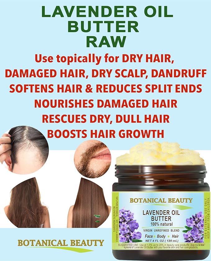 Botanical Beauty LAVENDER OIL BUTTER 100% Natural Lavender Essential Oil in Shea Nut Butter for FACE, SKIN, BODY, HAIR, NAILS. Beauty Skin Moisturizer Oil Butter. (16 Fl Oz)
