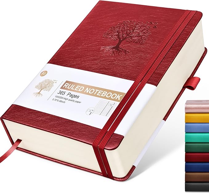 Lined Journal Notebook -365 Pages A5 Thick Journals for Writing Ruled Notebook, Hardcover Leather Journal for Women Men, Daily Notebook for Work, Note Taking, 100Gsm Lined Paper( 5.7'' X 8.3'' Wine)