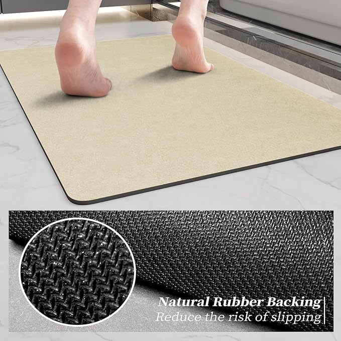 Bath Mat Rugs 24x17 - Diatomaceous Earth Bath Mat Quick Dry Absorbing Bathroom Rugs Rubber Non Slip Thin Bathroom Mat Fit Under Door, Bath Mats for Bathroom Floor, Tub and Shower, Sink, Beige
