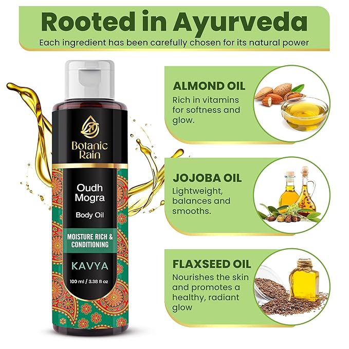 Ayurveda Body Oil with Oudh & Mogra – Organic, Nourishing & Hydrating for Dry, Flaky Skin – Fast Absorbing, Non-Greasy, Ayurvedic for Men & Women – 3.38 fl oz (Pack of 2)