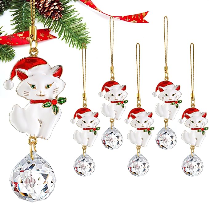 H&D HYALINE & DORA 6 Pcs Cat Ornaments for Christmas Tree White Cat Suncatcher with Rhinestones Gifts for Pet Lovers, Women Christmas Ornament 2025
