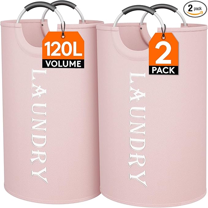 Lifewit 120L 2-Pack Large Laundry Basket, Collapsible Laundry Hamper with Aluminum Handles, Waterproof Freestanding Dirty Clothes Hampers for Laundry Room Bedroom Dorm Bathroom, Pink