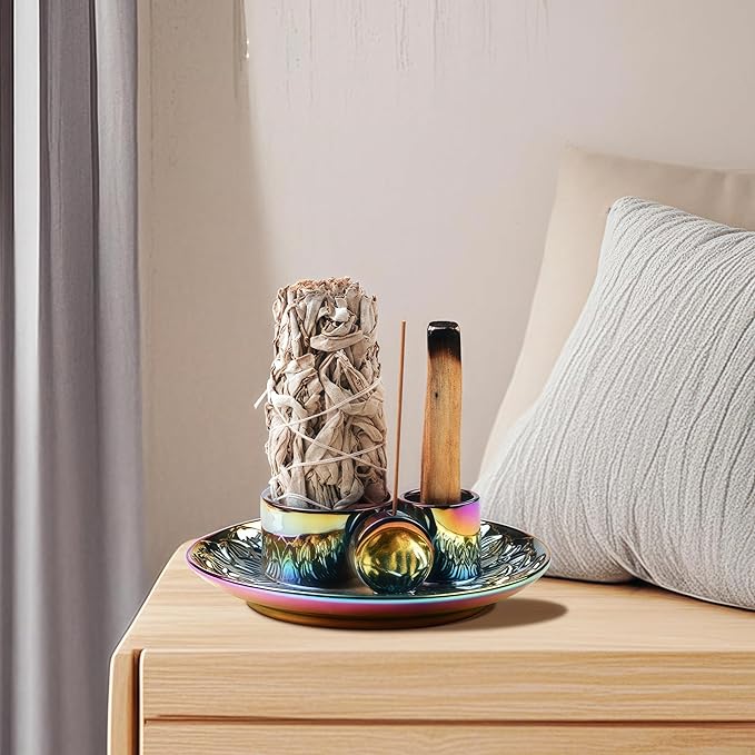 4 in 1 Incense Holder, Ceramic Incense Stick and Palo Santo Holder,Sage Holder for Burning- 5.5" Ceramic Ash Catcher Tray for Meditation and Yoga Room (Colourful)
