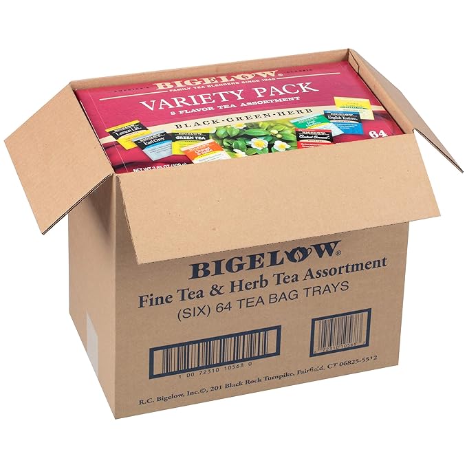 Bigelow Tea Variety Pack 8 Flavor Assortment 64-Count Boxes (Pack of 6) Caffeinated Individual Green and Black Tea Bags, for Hot Tea or Iced Tea, Drink Plain or Sweetened with Honey or Sugar
