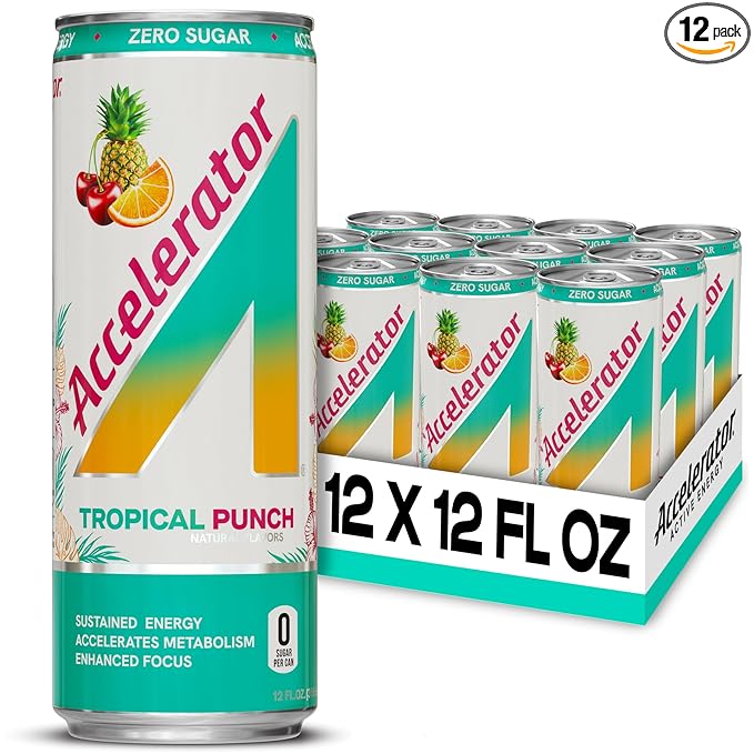 Accelerator Active Energy Drink Sugar Free Zero Carbs, Tropical Punch, 12oz can(12 pack) Enhanced Focus & Sustained Energy from 100% Natural Caffeine (200mg& Green Tea Extract