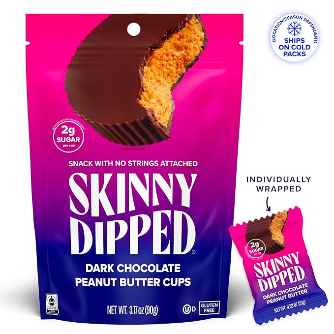 SkinnyDipped Dark Chocolate Peanut Butter Cups, 2g Sugar per Cup, Keto Friendly, Low Carb, Gluten Free, 3.2oz, 4 Pack (24 Cups Total)