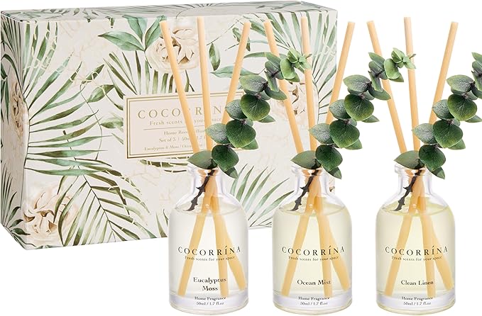 COCORRÍNA Eucalyptus Reed Diffuser Set of 3 - Eucalyptus & Moss, Clean Linen, Ocean Mist Scents, 1.7 fl oz Each, Total 5.1 oz, Scented Oil Diffusers for Home & Office