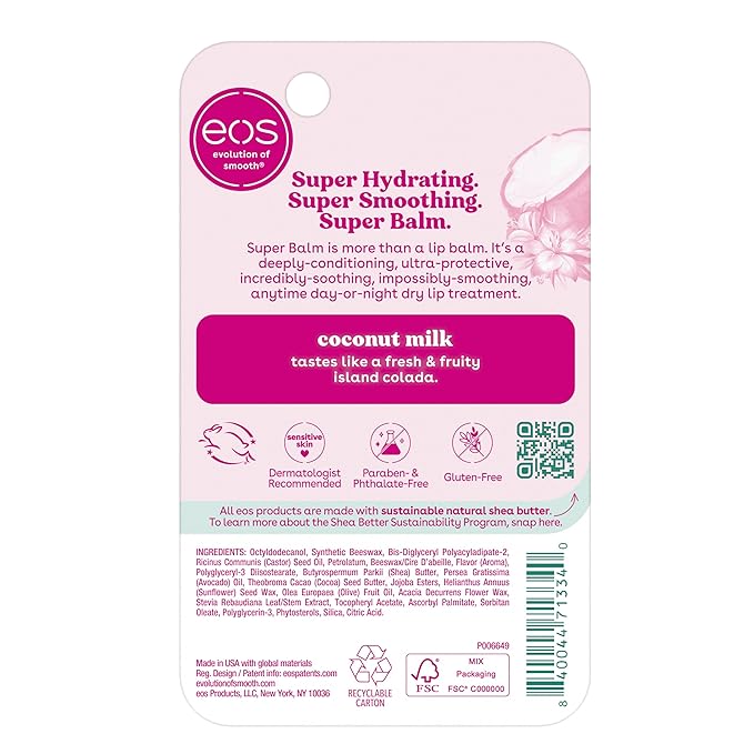 eos 24H Moisture Super Balm - Coconut Milk, Day or Night Lip Treatment, Made for Sensitive Skin, Lip Balms & Moisturizers, 0.35 fl oz