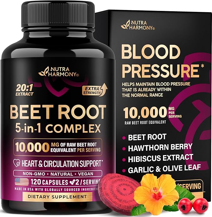 Beet Root Capsules - Healthy Blood Pressure Support Supplement** for Heart & Circulation Support - with Hawthorn Berry, Hibiscus & Garlic - Nitric Oxide for Energy - Made in USA, 120 Capsules
