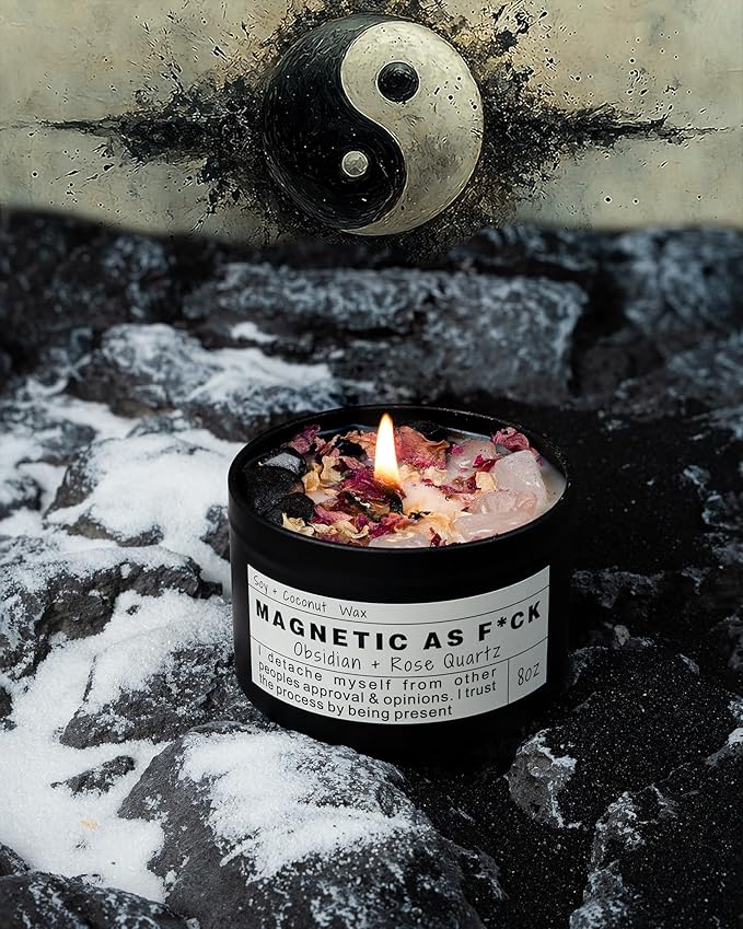 Magnetic AS F*CK Detachment Grounding Quartz Obsidian Protection Magic Attraction Manifestation Crystal Self Love Ritual Meditation Hande Made Chakra Candle(8oz).