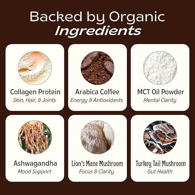 Jibby Mushroom Coffee - Organic Instant Coffee Powder with Collagen, MCT Oil, Superfood Mushrooms - Detox Mushroom Coffee Powder for Energy, Focus, Digestion, and Gut Health - 10 Servings