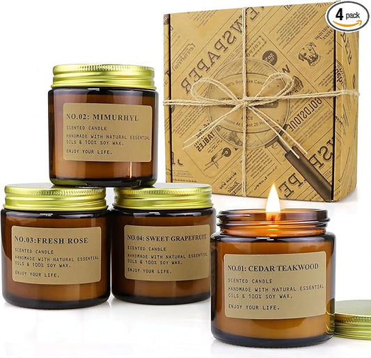 YFYTRE 4 Pack Scented Candle Set Soy Wax Candles, Aromatherapy Candles for Home Decoration, Jar Candles Gift for Women Mother with Amber Glass Jars and Kraft Wrapping