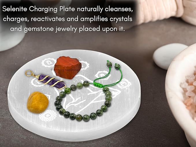 Amazing Gemstone Selenite Crystal Charging Plate For Crystals And Healing Stones, 3" Selenite Crystal Plate Engraved Buddha Coaster For Home, Office Table Decor (Selenite Round Disc)