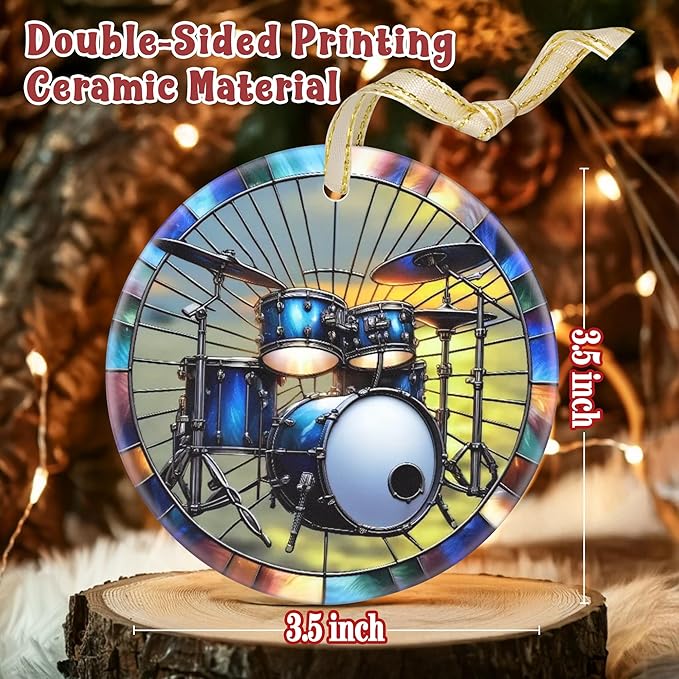 Christmas Ornament - Drum Set Decor Round Ceramic Hanging Ornament - Christmas Tree Decor - Gifts for Drum Players - Themed Ornaments
