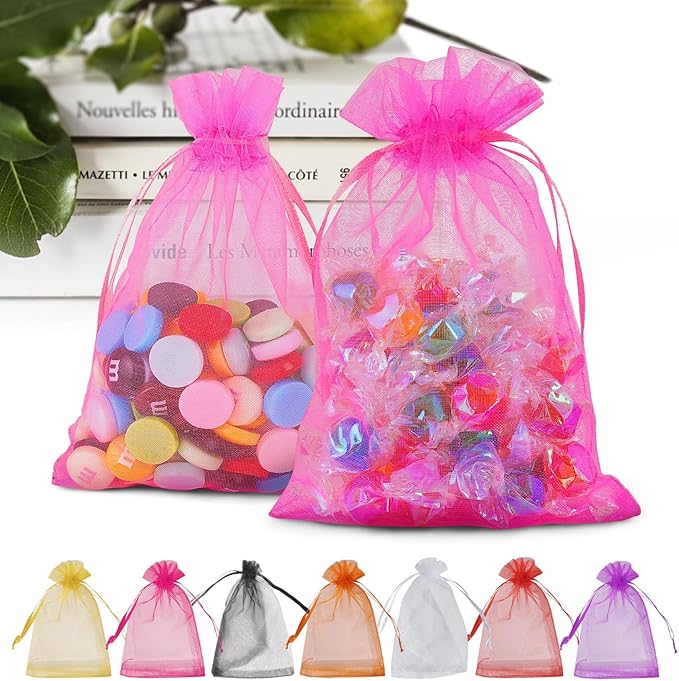 ANZNKU 50 Pack Hot Pink Organza Bags 5 x 7 inch Mesh Drawstring Gift Bags Jewelry Bag Small Mesh Bag for Christmas Candy Party Wedding Favor