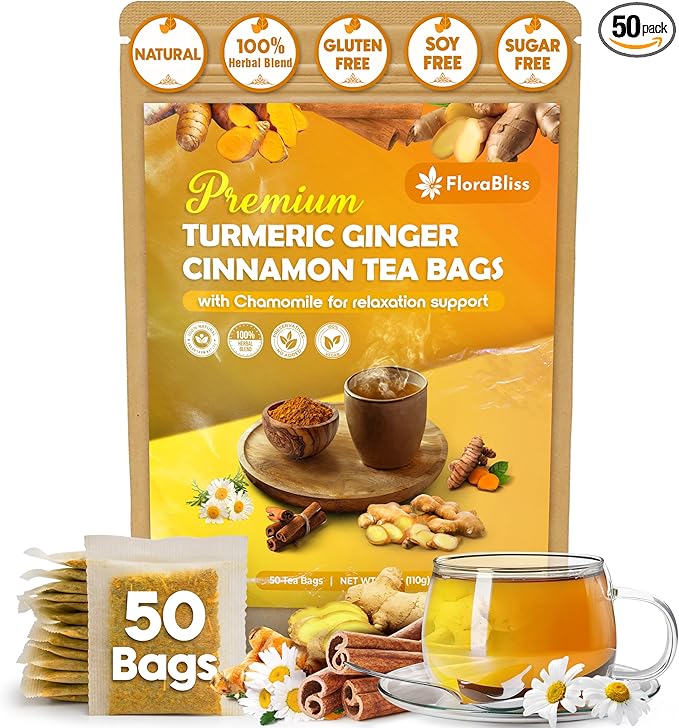 50 Bags Premium Turmeric Ginger Cinnamon Tea with Upgraded Chamomile, Extra Strength 2.2g/Bag, 100% Natural, Caffeine-Free, Vegan, Eco-Friendly, Supports Digestion, Relaxation