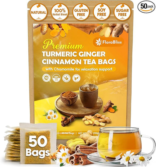 50 Bags Premium Turmeric Ginger Cinnamon Tea with Upgraded Chamomile, Extra Strength 2.2g/Bag, 100% Natural, Caffeine-Free, Vegan, Eco-Friendly, Supports Digestion, Relaxation