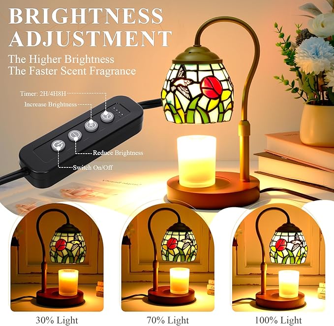 Candle Warmer Lamp - Hummingbird Candle Lamps Timer Dimmer, Tiffany Style Stained Glass Candle Warming Lamp Compatible with Small Jar Candles Gifts for Her, for Mom Wax Melt Warmer for Home Decor