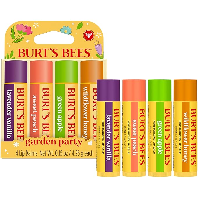 Burt's Bees Christmas Gifts - Garden Party Lip Balm Set for Stocking Stuffers, With Responsibly Sourced Beeswax, Natural Origin Lip Treatment, 4 Tubes, 0.15 oz.
