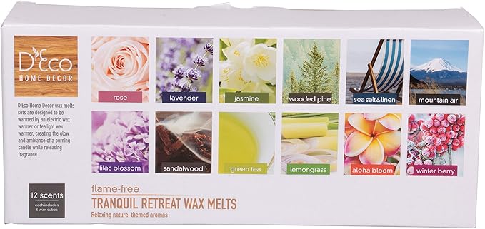 D'Eco Floral Scented Wax Melts - 12 Count Variety Pack Home Fragrances - Long Lasting Scented Wax Tarts for Warmers - Rose, Pine, Winter Berry, Lavender, Jasmine, Sea Salt Linen, Lilac & Nature Scents