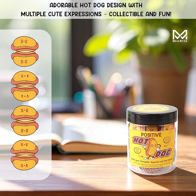 Positive Hot Dog Jar, Emotional Supports Jar, 60 Affirmation Cards Cheer Up Funny Gag Gifts for Best Friend Birthday Women Teacher, Feel Better Gifts for Women