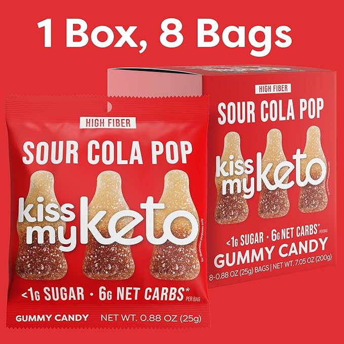 Kiss My Keto Sugar Free Gummies, Sour Cola 32-Pack – Satisfy Cravings while Staying in Ketosis – High Fiber, 6g Net Carbs, Non-GMO, Vegan, & Gluten-Free – Low-Calorie Vegan Candy