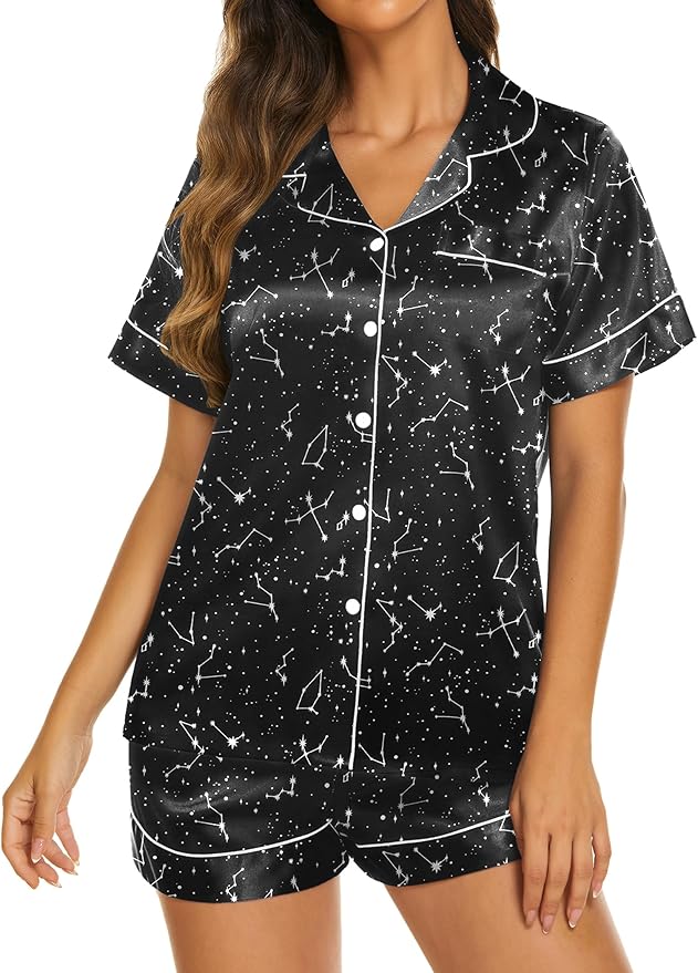 Ekouaer Silk Pajamas for Women Short Sleeve Sleepwear Soft Button Down Loungewear 2 Piece Satin Pjs Shorts Set S-XXL