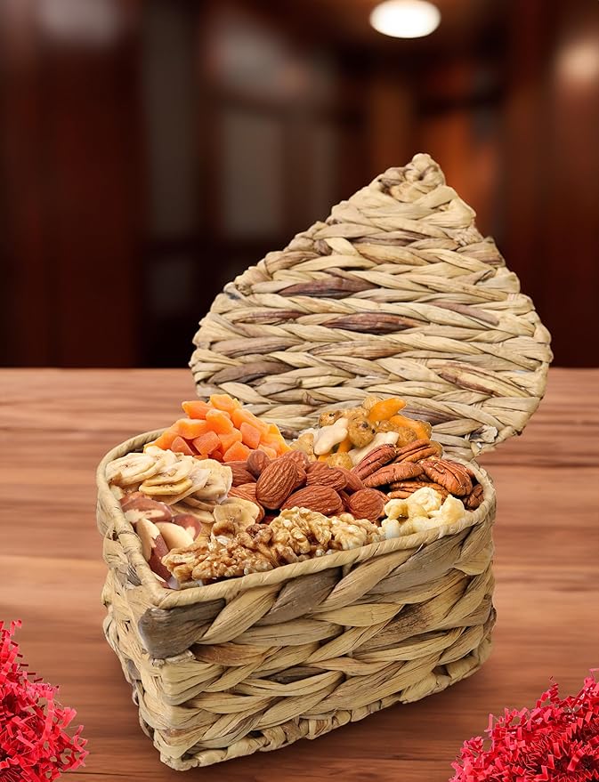 Anna and Sarah Hearth Shape Gift Basket, Premium Assorted Nuts , Dried Fruit and Snack Variety Raw Cashew -Roasted Almond-Roasted Blanched Blanched Hazelnut-Walnut-Oregon-Pecan-Brazil Nuts Dried Papaya-Banana Chips and Rice Crackers Single Serve Packs