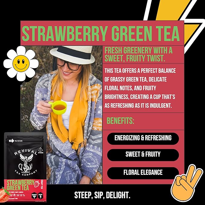 Revival Tea Company Strawberry Green Tea - Green Tea Blend with Natural Strawberry Flavor - Loose Leaf 6 Ounces