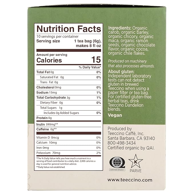 Teeccino Maca Chocolaté Herbal Tea - Rich & Roasted Herbal Tea That’s Caffeine Free & Prebiotic with Natural Energy from Adaptogenic Peruvian Maca, 10 Tea Bags