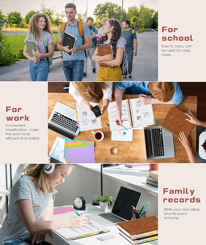 Hardcover Spiral Notebook Journal with Removable Dividers Tabs, 300 Pages Leather 5 Subject Notebook College Ruled, 8"x10" Large B5 Notebooks for Work School, Lined Journal for Men, Light Brown