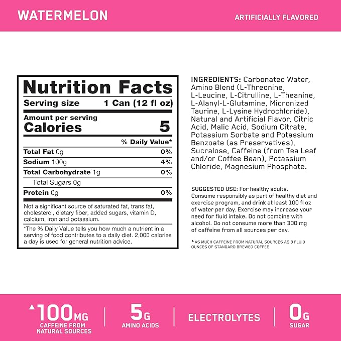 Optimum Nutrition Amino Energy Sparkling Hydration Drink, Electrolytes, Caffeine, Amino Acids, BCAAs, Sugar Free, Watermelon, 12 Fl Oz, 12 Pack (Packaging May Vary)