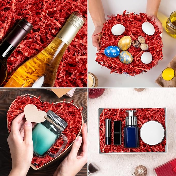 Darfukei Shredded Paper For Gift Baskets, 1/2LB (8 oz) Red Crinkle Paper Filler for Mother's Day Baskets Grass, Crinkle Cut Papers Shred For Birthdays, Weddings,Boxes Bags, Basket Filler ,Anniversaries,Gift Wrapping