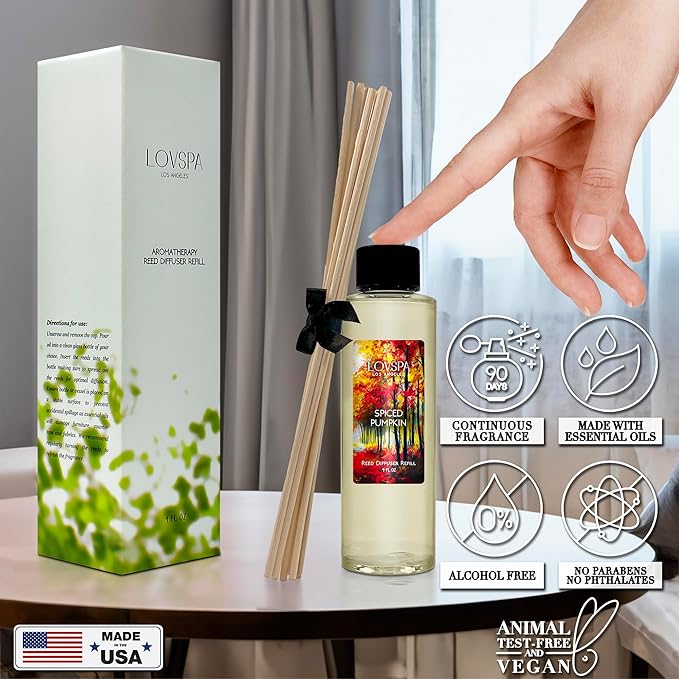 LOVSPA Spiced Pumpkin Diffuser Oil - Fall Essential Oils for Diffuser Refill & Air Freshener Room Spray - Long-Lasting & Natural Home Fragrance, Scented Oil for Diffusers, USA Made, 4oz